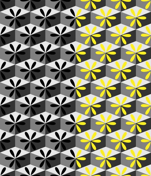 Padrão geométrico abstrato sem costura. Textura de fantasia cinza losango com formas florais cortadas. Fundo de cor preto ou amarelo é fácil de mudar — Vetor de Stock