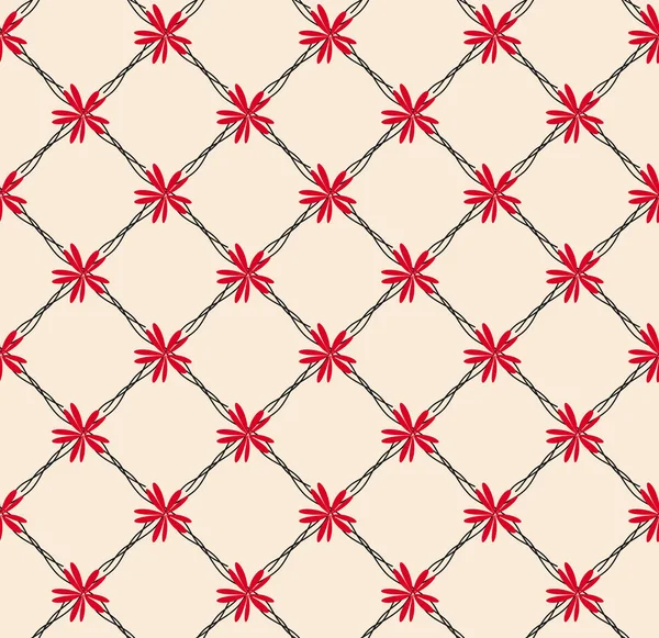 Patrón sin costura geométrica floral. Elegante telón de fondo cuadrado con muelles negros, flores rojas. Fondo de color claro es fácil de cambiar — Archivo Imágenes Vectoriales