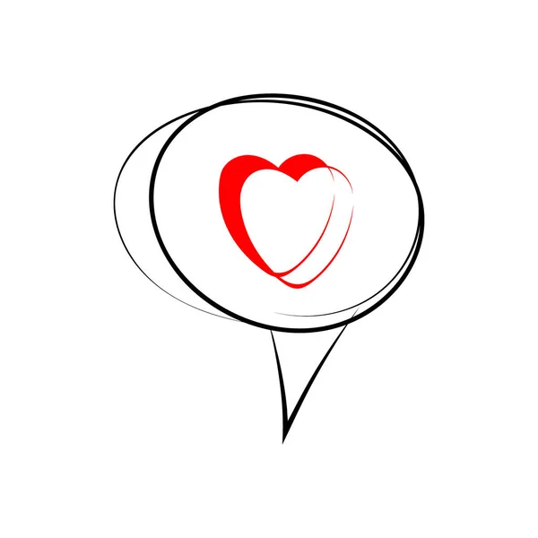 Sprechblasensymbol mit rotem Herz. Handgezeichnete Doodle-Elemente. Weißer Hintergrund — Stockvektor