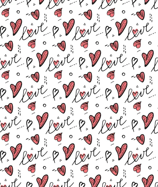 Doodle nahtlose Muster. Liebeskonzept. Handgezeichnete Herzformen mit verschiedenen Dekorationen in den Farben grau, rosa. Handschrift — Stockvektor