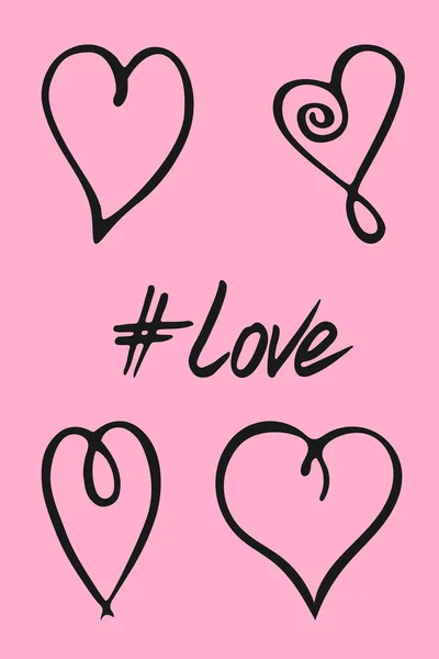 Doodle mão desenhado formas do coração na cor cinza. Conjunto de ícones criativos, letras de mão, palavra Amor para cartões web, obras decorativas. Fundo rosa — Vetor de Stock