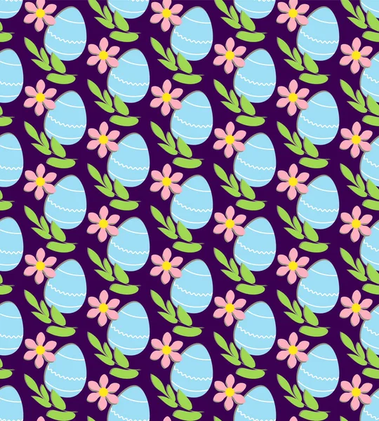 Modèle sans couture de Pâques. Éléments traditionnels, oeuf, fleur, feuilles. Fond purpur lumineux est facile à changer — Image vectorielle