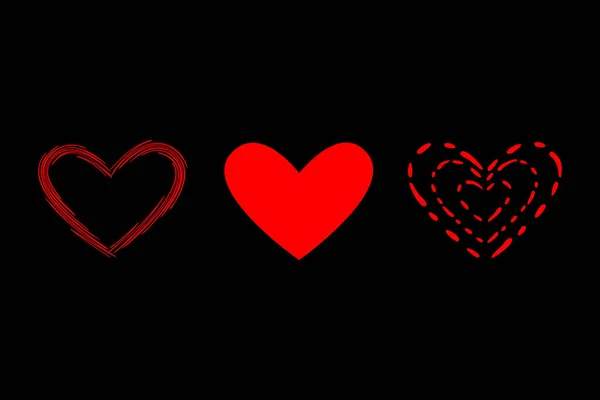 Δημιουργικά εικονίδια έτοιμα. Κόκκινη καρδιά σχήματα σε διαφορετικό στυλ, doodle ζωγραφισμένα στο χέρι γραμμές, λογότυπο. Για διαδικτυακές κάρτες, διακοσμητικά έργα. Μαύρο φόντο — Διανυσματικό Αρχείο