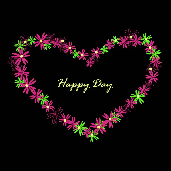 Marco floral en forma de corazón con flores de margarita en color rosa, verde. Linda plantilla de tarjeta decorativa para todas las vacaciones de concepto amoroso. Fondo negro — Archivo Imágenes Vectoriales