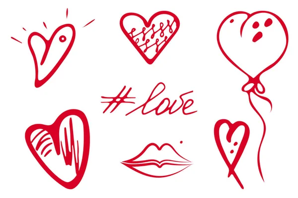 Conjunto de ícones de corações de doodle vetorial, linha de tinta de escova desenhada à mão, conceito de amor, kit decorativo para cartões web criativos, modelos. Elementos isolados — Vetor de Stock