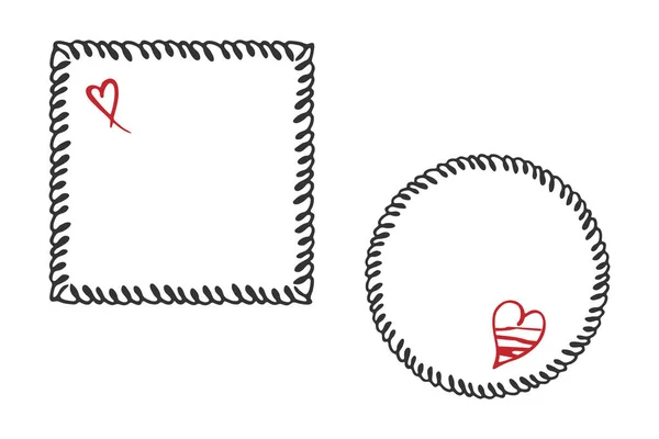 Freihand-Doodle-Set von Rahmen mit Herzformen verziert. Handgezeichnetes Kritzelmuster auf weißem Hintergrund — Stockvektor