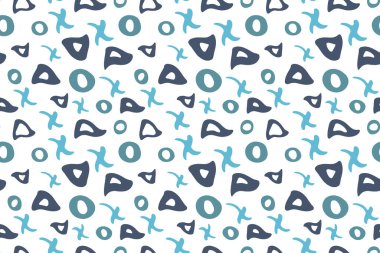 Çizimsiz geometrik desen, el çizimi üçgen, daire, çapraz şekiller. Mavi palette, beyaz palette basit, nötr bir arka plan. Vektör