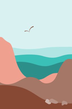 Vektör manzara posteri, minimalist boho tarzı duvar sanatı, el yapımı tasarım, dağ, deniz, soyut şekiller, toprak palet renkleri