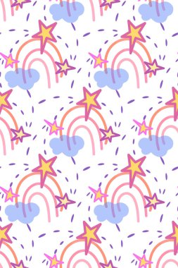 Gökkuşağı, gökyüzü pürüzsüz desen, komik çocuksu el çizimi tarzı, bulut şekilleri, pembe, mavi renkli asimetrik yıldızlar. Beyaz arkaplan
