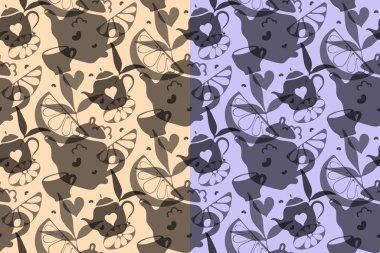 Çay seremonisi konsepti, kusursuz desen, el yapımı çay demliği, limon dilimleri, yapraklar, kalp, gri şeffaf şekiller, gölge oyunu. Sarı, mavi arkaplan