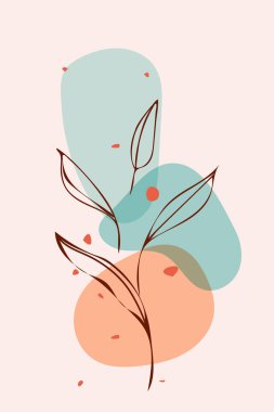 El çizimi soyut duvar sanatı, vektör minimalist boho mürekkep boyama tarzı, organik yaprakların botanik görüntüleri, mavi denizdeki şeffaf nokta, turuncu renk paleti