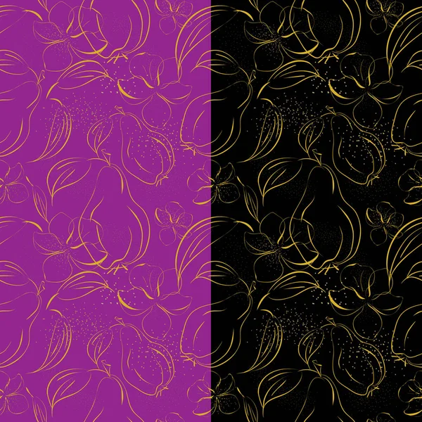 Poire fleurir motif sans couture. Ligne de croquis couleur or de luxe, illustration de contour de pinceau dessinée à la main. Lilas ou fond noir est facile à changer — Image vectorielle