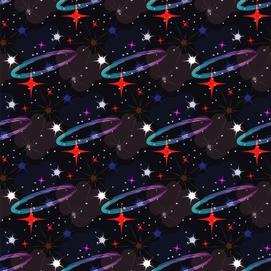 Kozmos uzayı kusursuz desen, yıldızlar şekiller, bulutlar, galaksi sarmalları. Modern parlak illüstrasyon, şeffaflık efektleri, koyu gri, siyah arkaplan