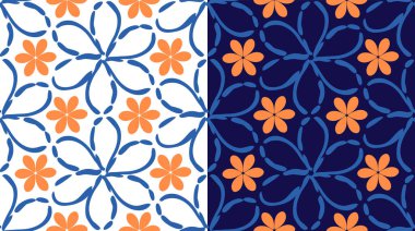 Çiçeksel geometrik dikişsiz desen, karalama tarzı, basit çiçek şekilleri, turuncu renk. Mavi, beyaz arka plan. Vektör