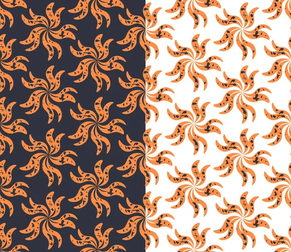 Floral geometrische nahtlose Muster, Twist einfache Blumenform, orangefarbene Farbe, Grunge-Textur. Schwarzer, weißer Hintergrund. Vektor — Stockvektor