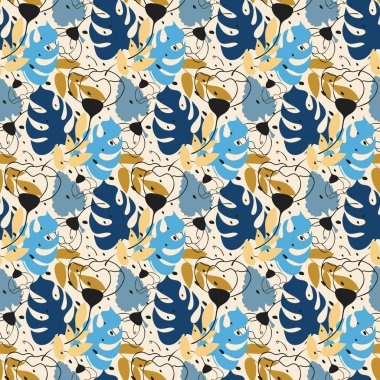 Tropik yapraklar, dikişsiz yaz dokunuşu, çizgili çiçeğin vektör el çizimi, canavar, modern mavi renk paletinde dal