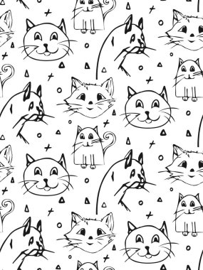 Doodle kedileri pürüzsüz bir şekille karşı karşıya. El çizimi komik karikatür tarzı illüstrasyon. Siyah çizgi, canlı çizgi.