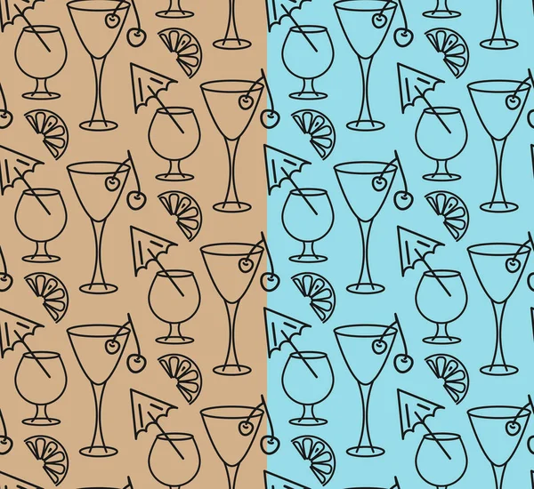 Cocktail glasses seamless pattern. Outline gray contour of martini, wine glass, cherry fruit, lemon slice. Blue, craft brown easy editable colors background. Vector — Vettoriale Stock