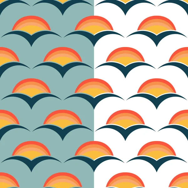 70er Jahre Mode-Stil, Regenbogen Sonnenuntergang nahtloses Muster. Geometrischer Halbkreis, stilisierte Seegrasformen. Warme rotgelbe Palette. Blaue, weiße leicht editierbare Farben Hintergrund. Vektor — Stockvektor