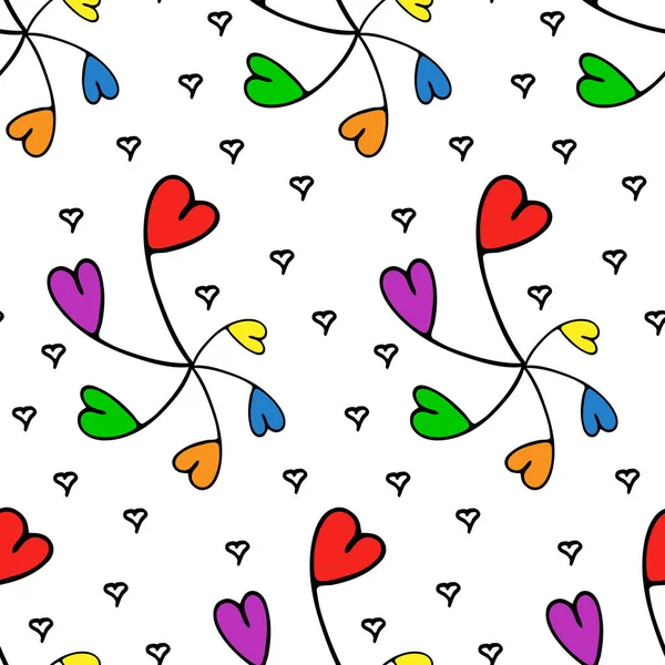Regenbogenfarbenes nahtloses Muster. Handgezeichnete Doodle-Herzen formen kindliches Design. Weißer Hintergrund. Vektor — Stockvektor
