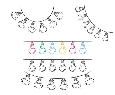Tatil lambası çelengi hazır. Siyah çizgili mürekkep hatları, şirin renkli karalama çizimi tarzı, elle çizilmiş damlacık çizgisi. Şenlikli string partisi grafik web tasarımı. Vektör illüstrasyonu
