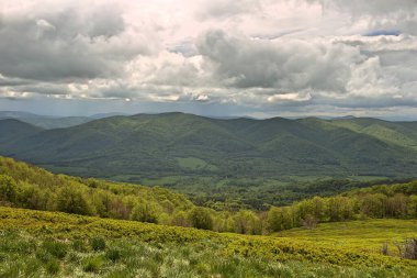 Baharda Bieszczady 'de. Baharda Bieszczady Dağları 'nın Panoraması. Ormanlarla kaplı dağlar. Yeşiller yemyeşil. Bulutlu gökyüzünün altındaki dağlar