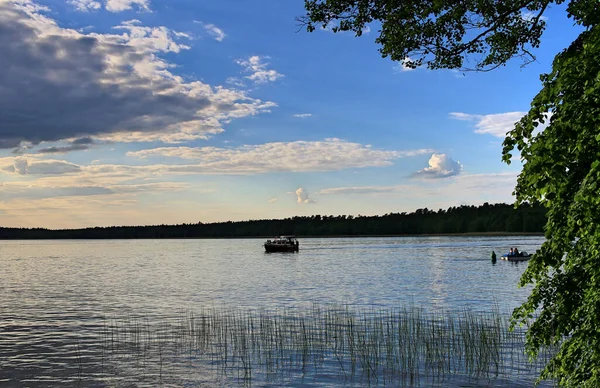 Gölde yüzen bir tekne. Arka planda karanlık bir orman var. Beyaz bulutlu mavi gökyüzü. Sazlıklar suya yansıyor. Augustow 'daki Necko Gölü. Sıcak bir yaz öğleden sonra 