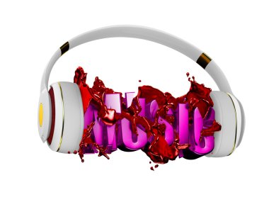 kulaklık kırmızı sıvı yazıt müzik tatili. şık beyaz altın kulaklık ve kelime müzik ile. her renk ve nesne için alt maskesi korudu. Eğlence düzenlemek
