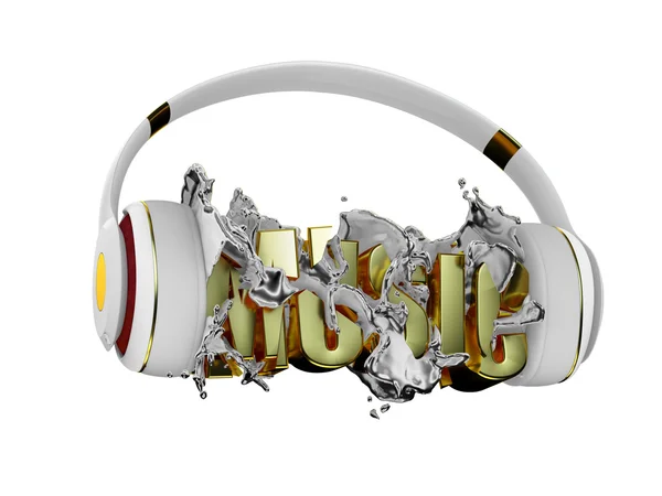 Chrome liquid from the headphones breaks inscription music. stylish white with gold headphones, and the word music. for each color and the object retained its mask. edit in the fun — Stock Photo, Image