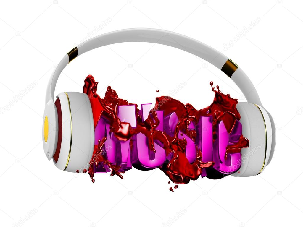 red liquid from the headphones breaks inscription music. stylish white with gold headphones, and the word music. for each color and the object retained its mask. edit in the fun
