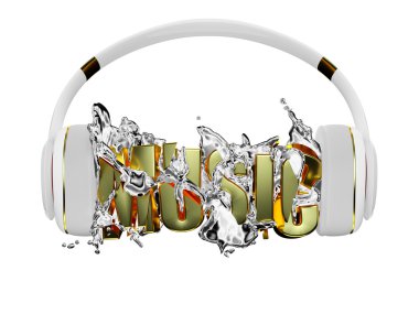 Krom sıvı kulaklık yazıt müzik tatili. şık beyaz altın kulaklık ve kelime müzik ile. her renk ve nesne için alt maskesi korudu. Eğlence düzenlemek
