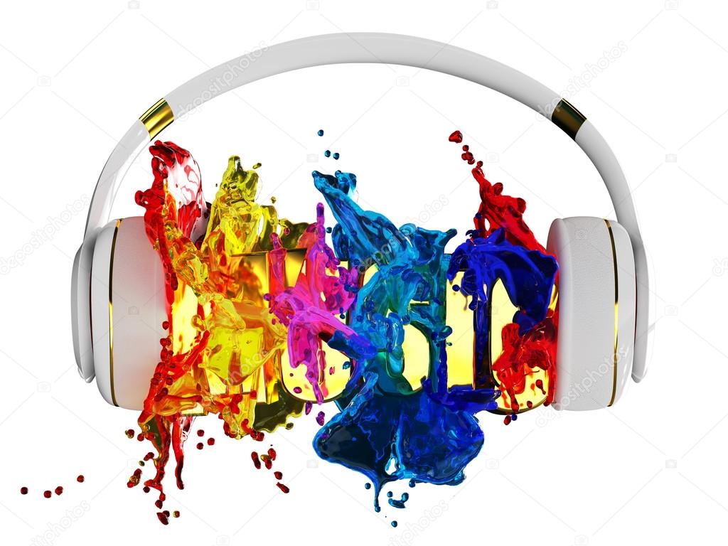explosion of glossy color paint from the headphones. blasted word music. each color is assigned path. the object retained its mask. edit in the fun