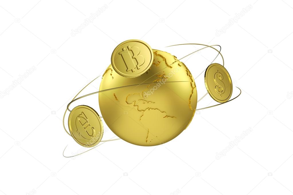 Cryptocurrency. Bitcoin exchange for euros and dollar. Arrows around planet earth and world currency. Path included.