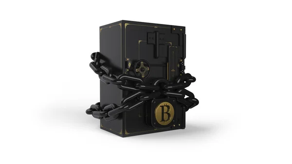 Safe closed on the lock and chain. Golden bitcoin. Path included. — Stock Photo, Image