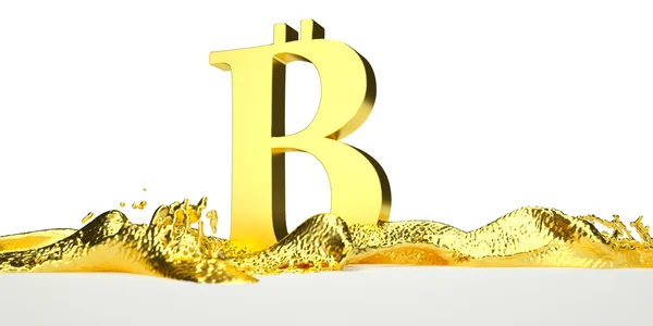 Bitcoin symbol melts into liquid gold. path included — Stock Photo, Image