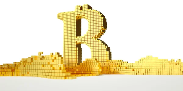 Das Bitcoin-Symbol verschmilzt zu flüssigem Gold. Weg inklusive — Stockfoto