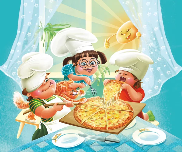 Crianças comendo pizza — Fotografia de Stock