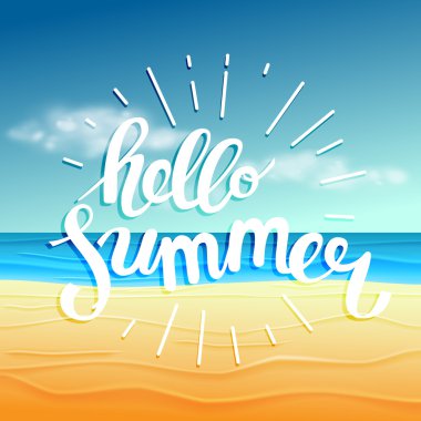 Merhaba yaz, yaz saati. Plaj arka plan üzerine poster. Handdrawn, davet ve tebrik kartı için tasarım yazı. Vektör çizim.