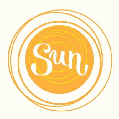 Merhaba yaz, yaz saati. Güneş arka plan üzerine poster. Handdrawn,