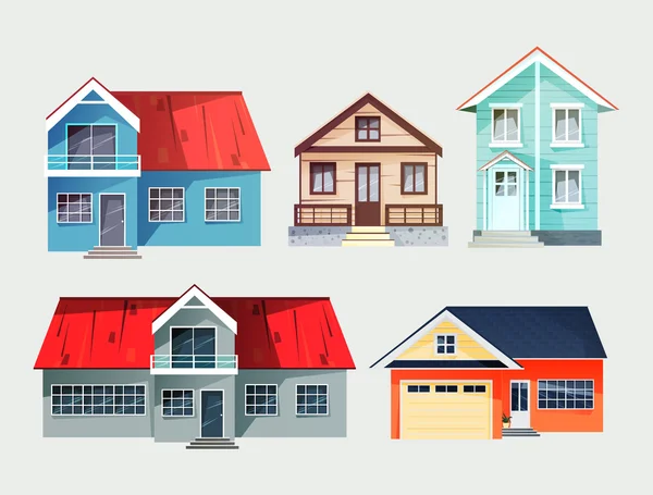 Conjunto de casas de campo de colores. Edificios planos. Ilustración vectorial — Vector de stock