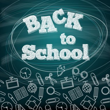 Okula dönüş. Bir kara tahta okul simgeleri. Vektör illustrati