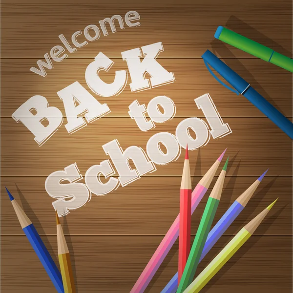 Terug naar school. School levert op een houten bord. Vector illus — Stockvector