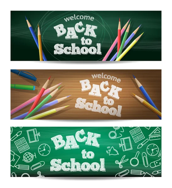 Conjunto de três banners horizontais. De volta à escola. Vector illustra —  Vetores de Stock