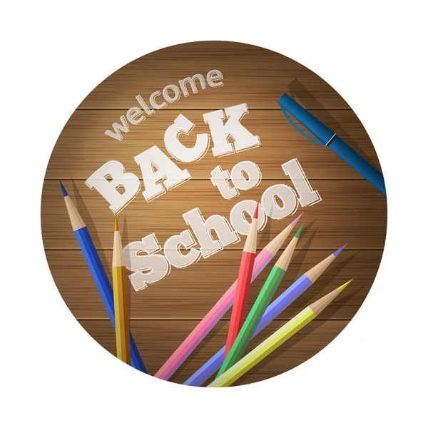 Back to school. School supplies on a wooden board. Vector illustration — Stock Vector