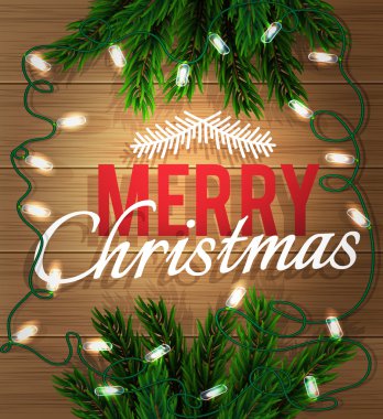 Mutlu Noeller. Bir ahşap tahta üzerinde parlak çelenk ile köknar ağacı dalı. Noel ve yeni yıl tebrik kartı. Vektör çizim