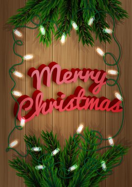 Mutlu Noeller. Bir ahşap tahta üzerinde parlak çelenk ile köknar ağacı dalı. Noel ve yeni yıl tebrik kartı. Vektör çizim