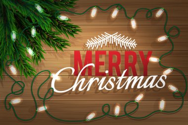 Mutlu Noeller. Bir ahşap tahta üzerinde parlak çelenk ile köknar ağacı dalı. Noel ve yeni yıl tebrik kartı. Vektör çizim