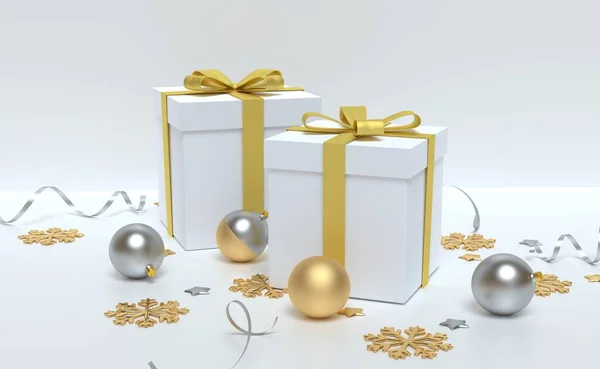 3D karácsonyi háttér vízszintes nézet, fehér ajándék és arany íj, ezüst és arany golyó, tinsel és a csillagok. — Stock Fotó