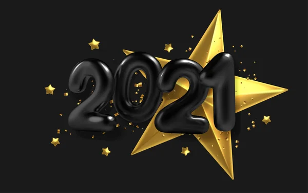 3D Realistic inscription balloon 2021 and golden star on black background. Vector illustration. — Stock Vector