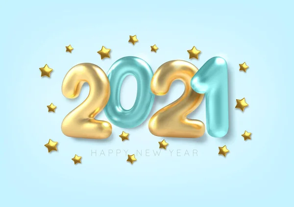 Szczęśliwego Nowego Roku. 3D Realistyczne złoto i niebieski napis balon 2021 i gwiazdy na niebieskim tle. Ilustracja wektora. — Wektor stockowy